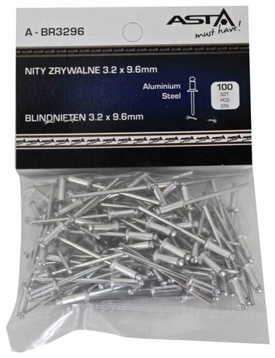 Trhací nýty hliník-ocel, 3,2 x 9,6 mm, s plochou hlavou, sada 100 ks - ASTA